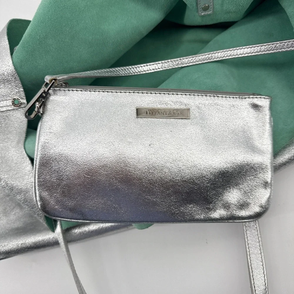 Tiffany & Co Metallic Silver Leather Reversible Tote Bag Tiffany Blue Suede LRG